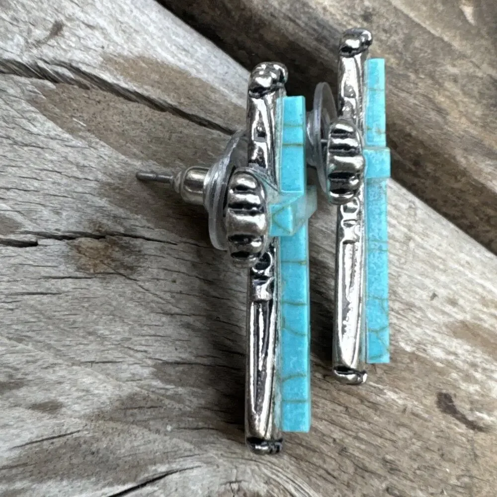 Turquoise Tone Howite or Plastic Cross Earrings Western Boho Silver Tone Post
